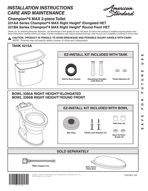 Minimum 1 hour replacing toilet if no problems. . American standard 4215a parts list